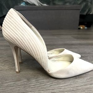 Size 10 creamy white suede BCBG heels. Gently used, still in good condition!